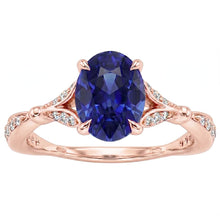 Rose Gold Gemstone Ring Split Shank Blue Sapphire & Natural Earth Mined Diamonds 3 Carats