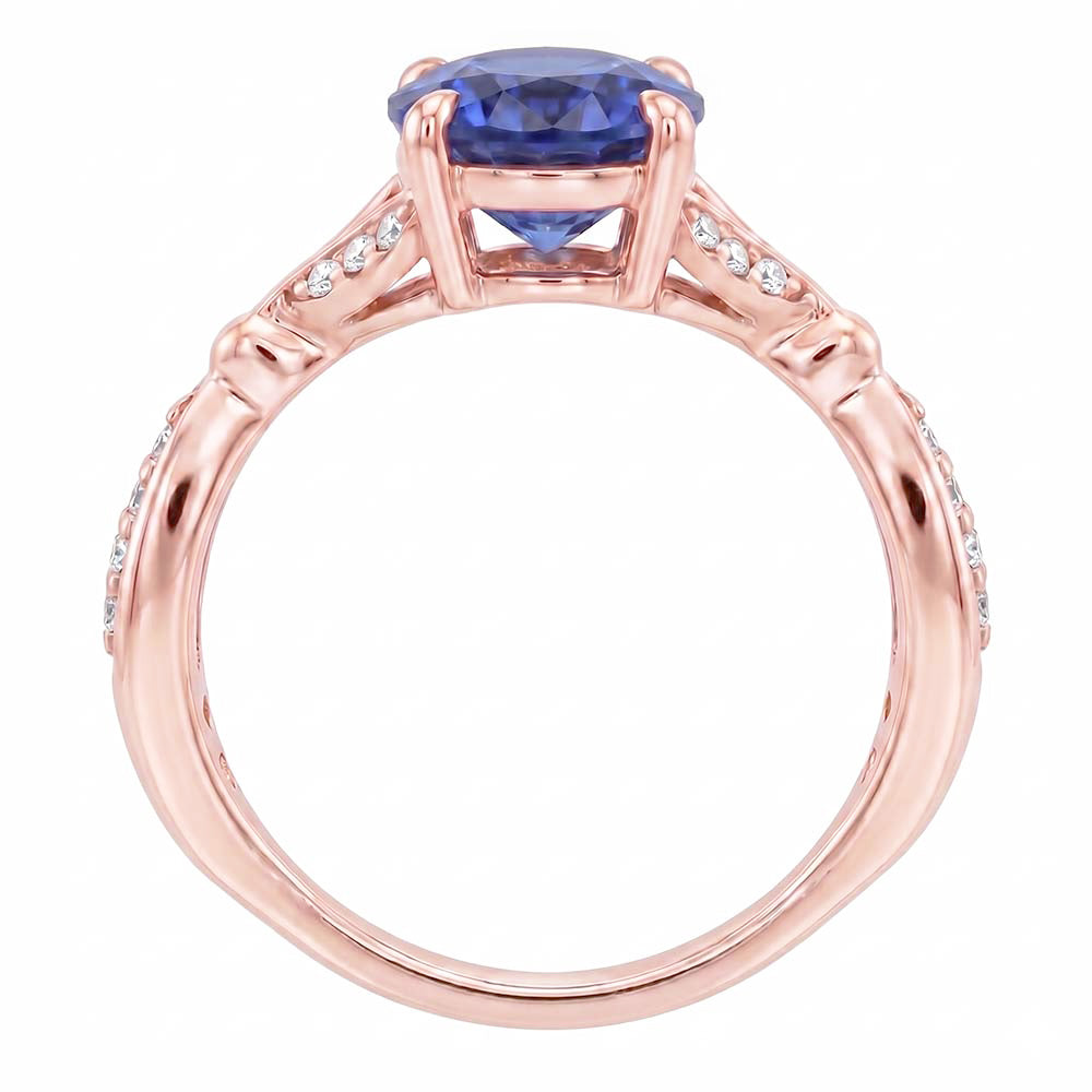 Rose Gold Gemstone Ring Split Shank Blue Sapphire & Natural Earth Mined Diamonds 3 Carats