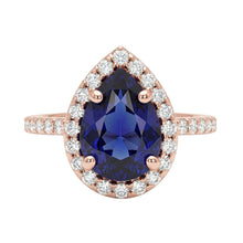 Rose Gold Halo Blue Sapphire Ring Pear Cut & Natural Earth Mined DIAMOND ( NOT LAB GROWN ) Accented 3 Carats