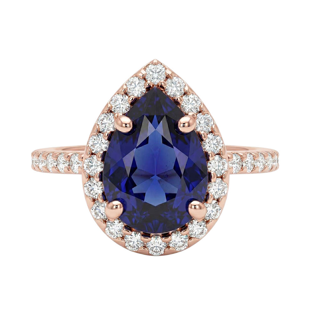 Rose Gold Halo Blue Sapphire Ring Pear Cut & Natural Earth Mined DIAMOND ( NOT LAB GROWN ) Accented 3 Carats