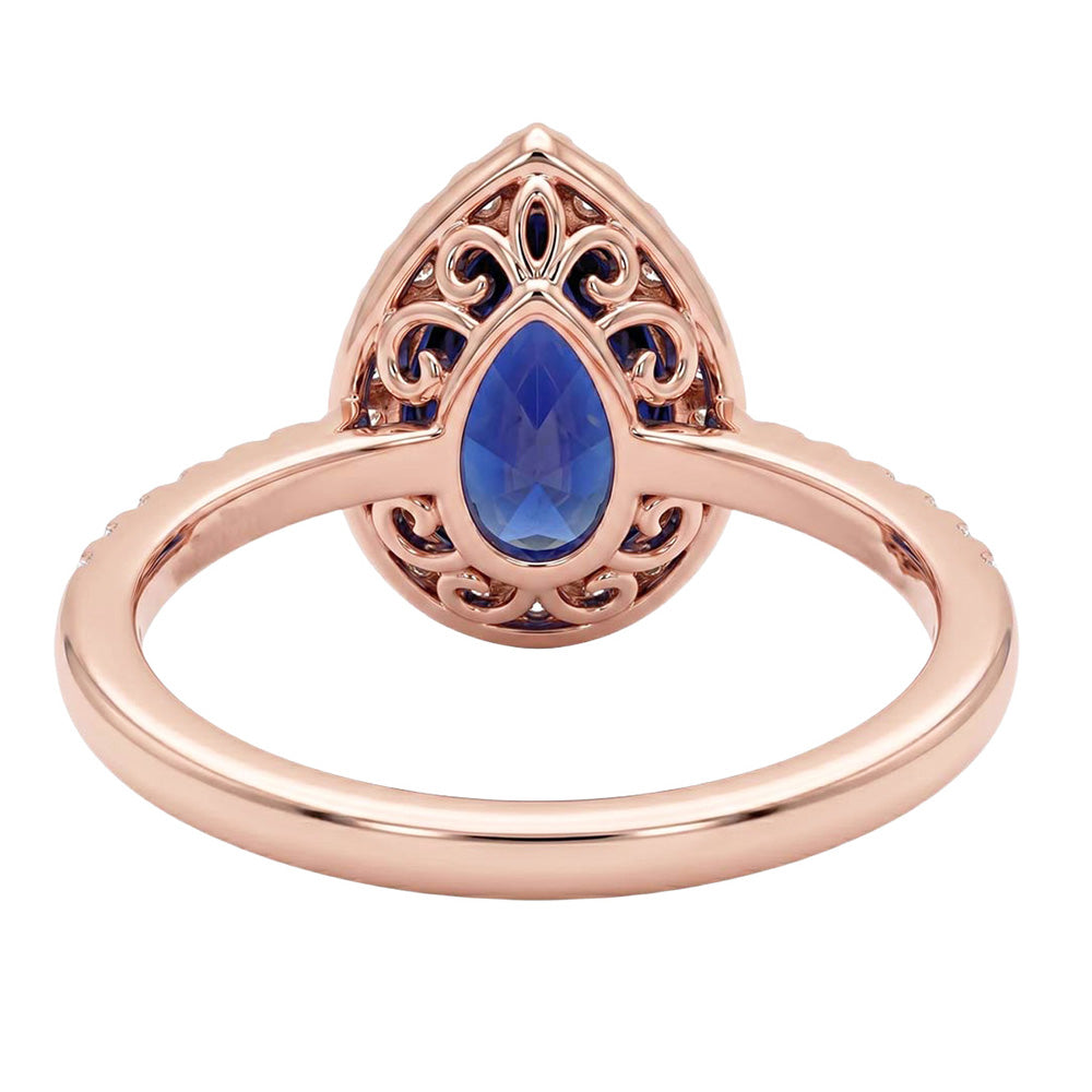 Rose Gold Halo Blue Sapphire Ring Pear Cut & Natural Earth Mined DIAMOND ( NOT LAB GROWN ) Accented 3 Carats