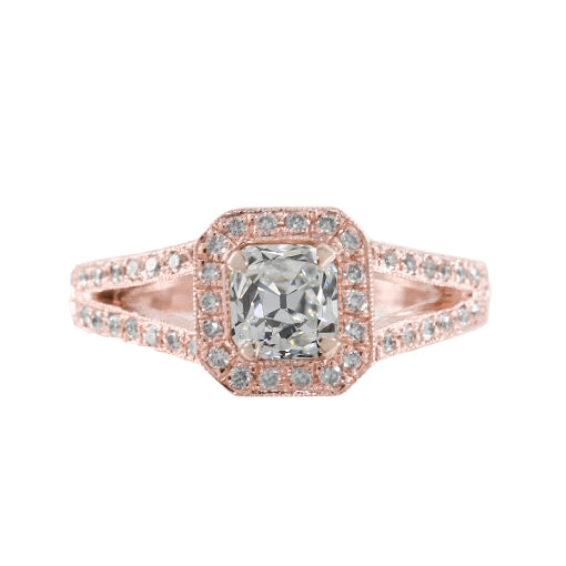 Rose Gold Halo Cushion Old Miner Real Diamond Ring 2 Carats Split Shank