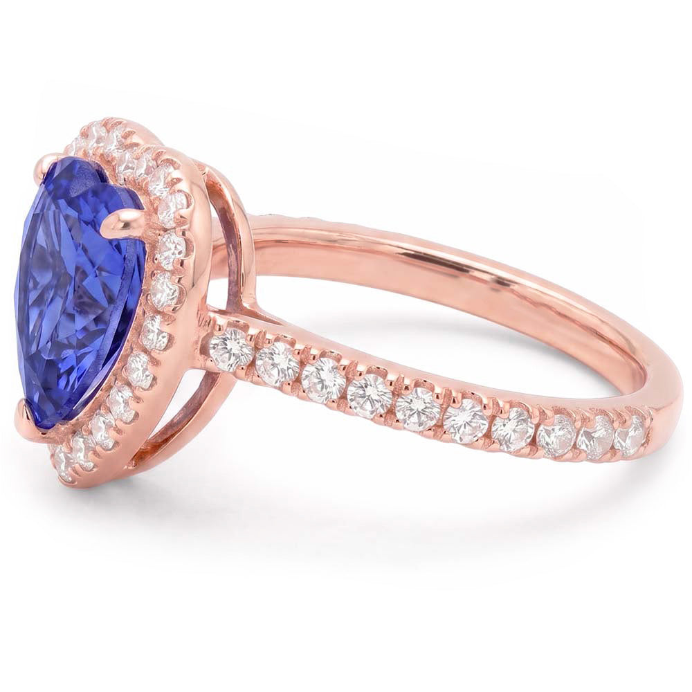 Rose Gold Halo Heart Blue Sapphire Ring With Natural Earth Mined Diamond Accents 3 Carats