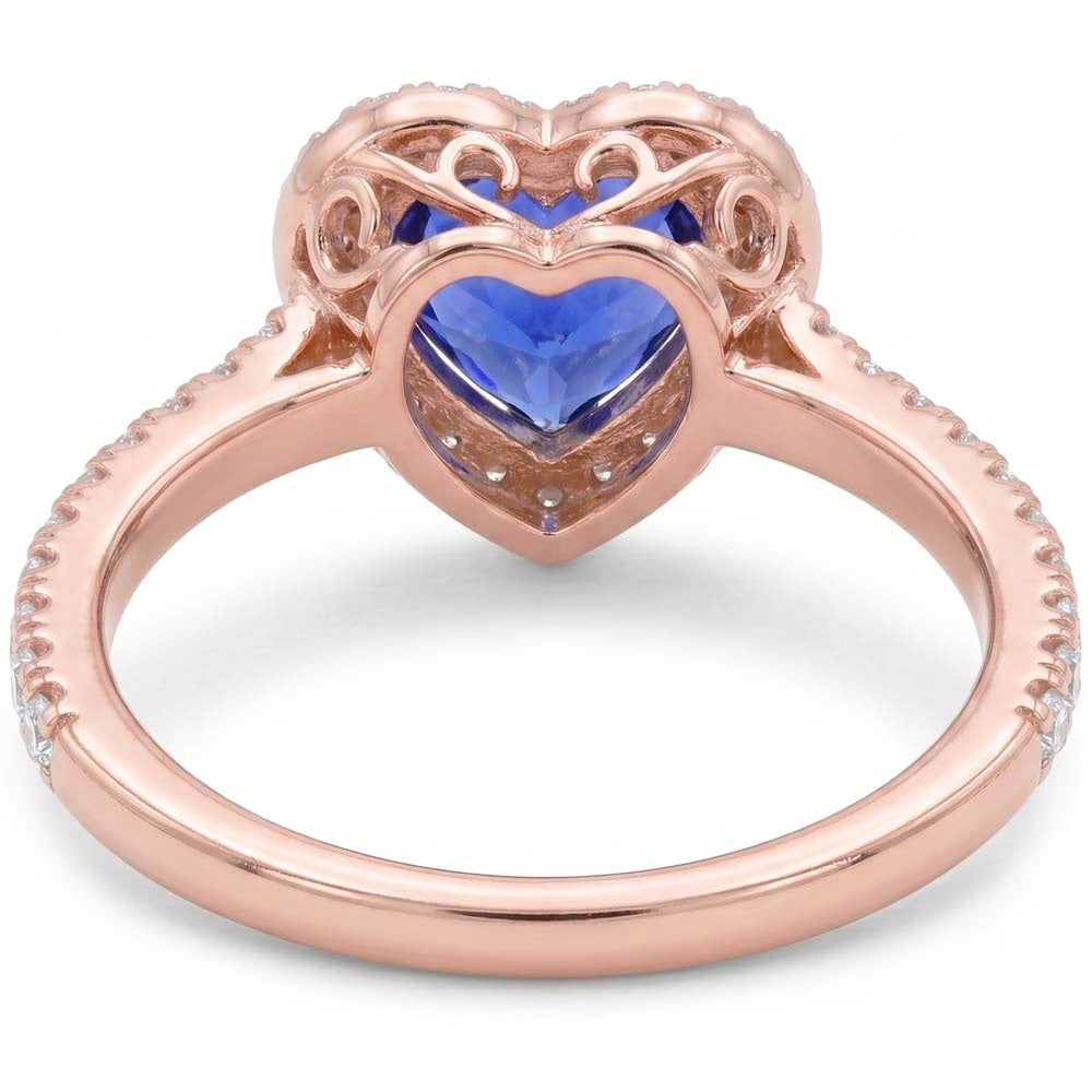 Rose Gold Halo Heart Blue Sapphire Ring With Natural Earth Mined Diamond Accents 3 Carats