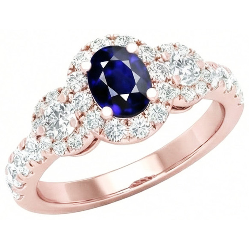 Rose Gold Halo Oval Sapphire Ring 3 Stone Style Natural Earth Mined Diamonds 5.50 Carats