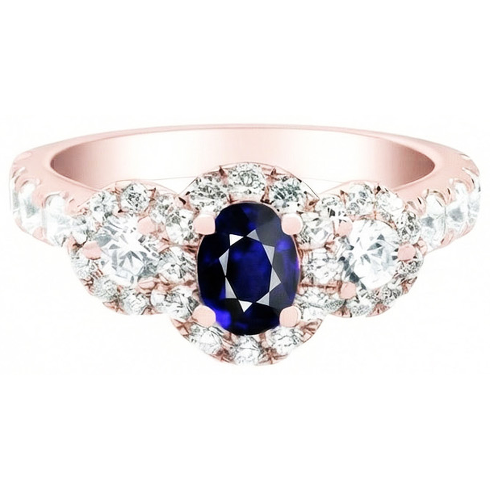 Rose Gold Halo Oval Sapphire Ring 3 Stone Style Natural Earth Mined Diamonds 5.50 Carats