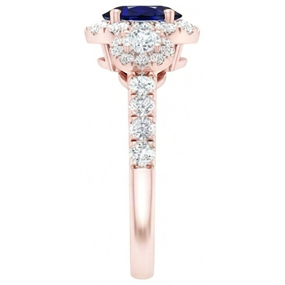 Rose Gold Halo Oval Sapphire Ring 3 Stone Style Natural Earth Mined Diamonds 5.50 Carats