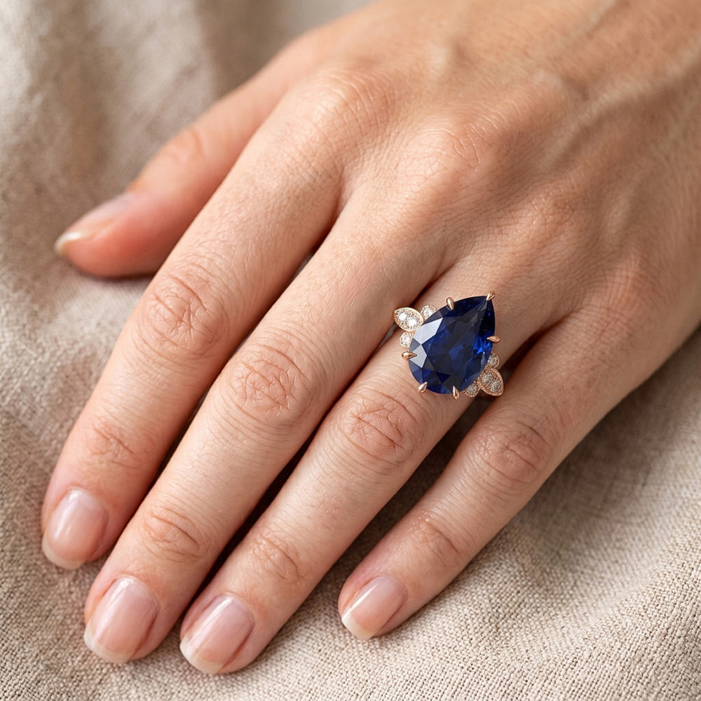 Rose Gold Natural Earth Mined Diamond Engagement Ring Pear Cut Ceylon Sapphire 7.25 Carats