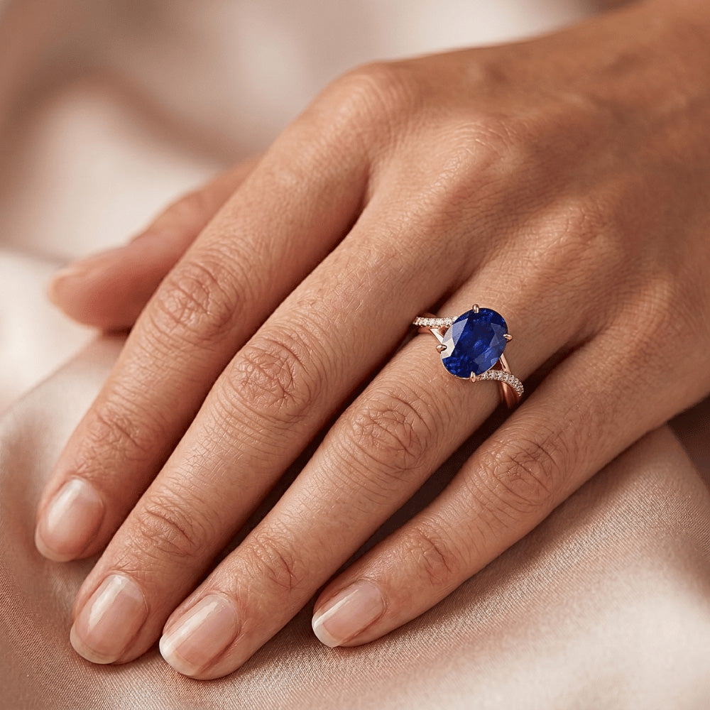 Rose Gold Natural Earth Mined Diamond Ring Oval Prong Set Ceylon Sapphire 3.75 Carats New