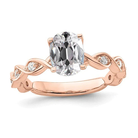 Rose Gold Oval Old Cut Real Diamond Ring Twisted Prong Set 3.50 Carats