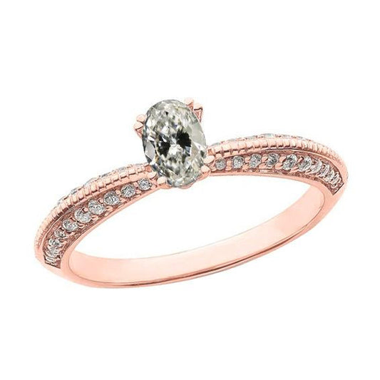 Rose Gold Oval Old Miner Real Diamond Ring Double Prong Set 3.50 Carats