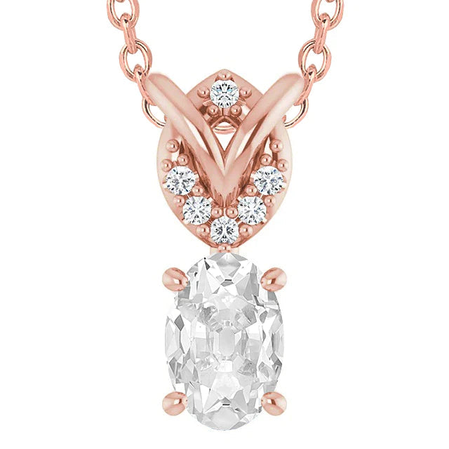 Rose Gold Real Diamond Pendant Round & Oval Old Cut 5.50 Carats 14K