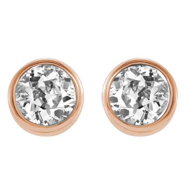 Rose Gold Real Diamond Stud Earrings Round Old Cut 5 Carats Bezel Set