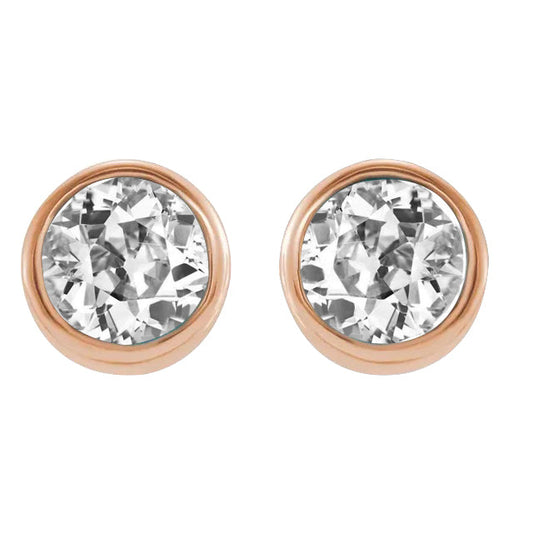 Rose Gold Real Diamond Stud Earrings Round Old Cut 5 Carats Bezel Set