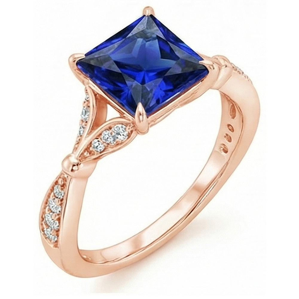 Rose Gold Ring With Accents Princess Cut Blue Sapphire 5.50 Carats