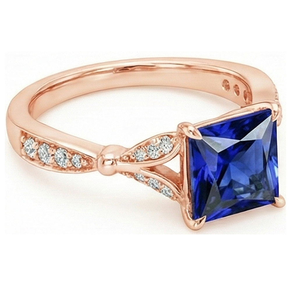 Rose Gold Ring With Accents Princess Cut Blue Sapphire 5.50 Carats