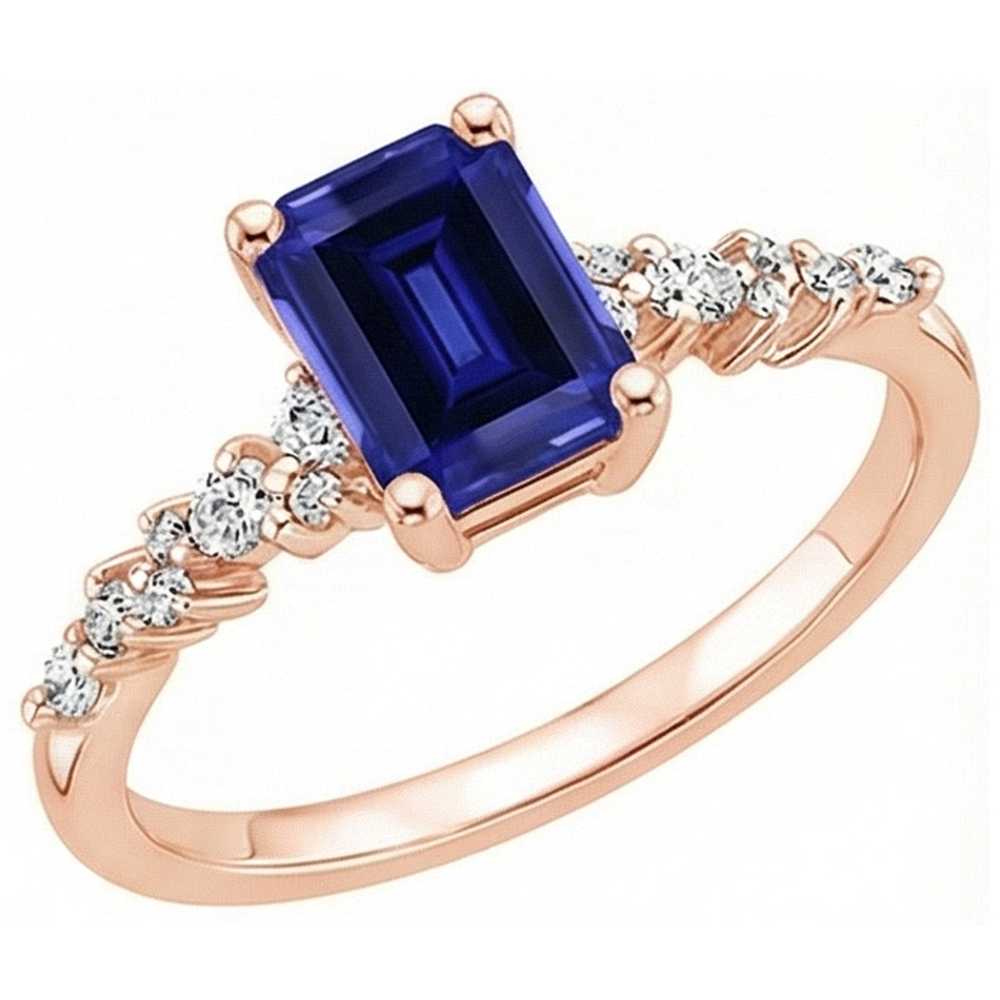 Rose Gold Solitaire Accents Ring Blue Sapphire & Natural Earth Mined Diamond 3.50 Carats