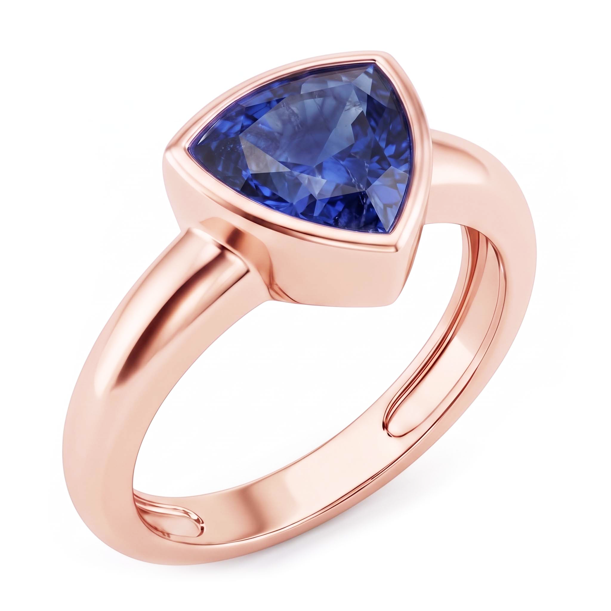 Rose Gold Solitaire Ring 2 Carats Blue Sapphire Bezel Set Trillion Cut