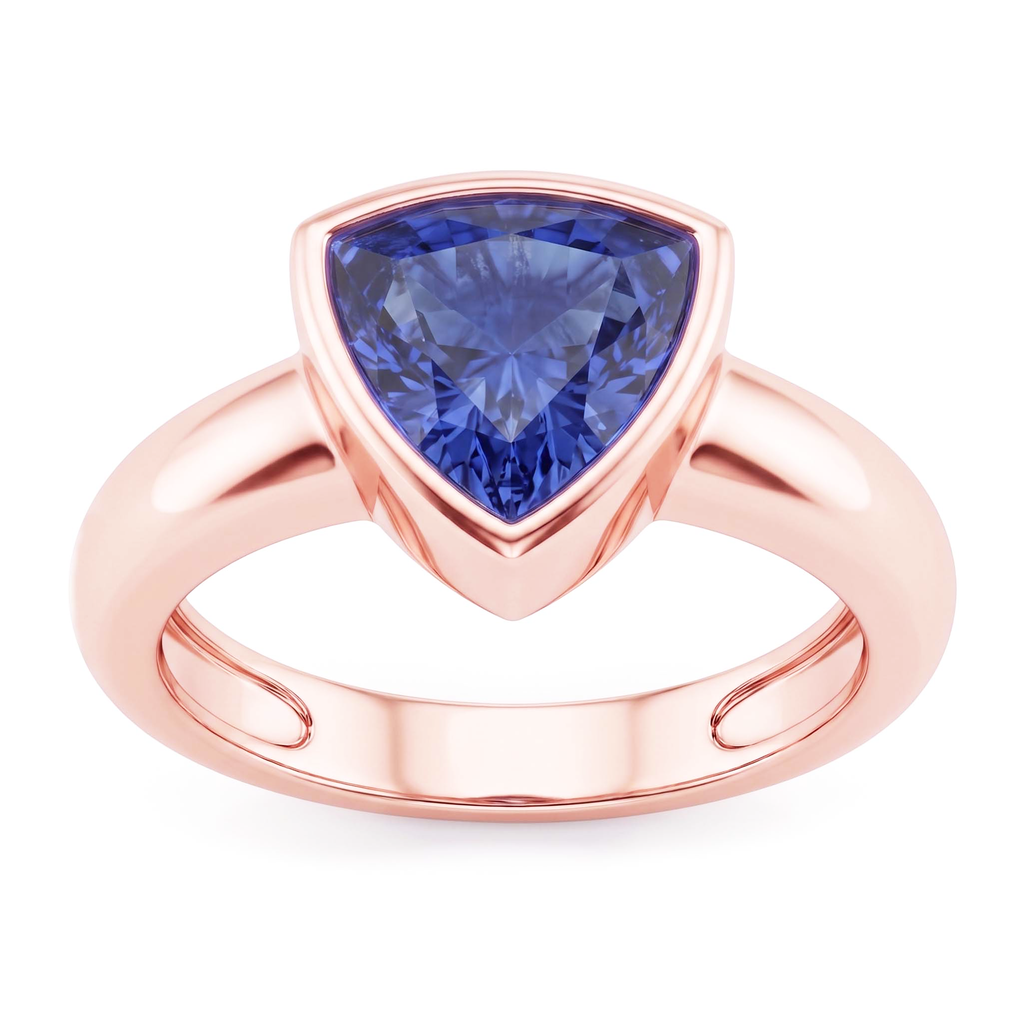 Rose Gold Solitaire Ring 2 Carats Blue Sapphire Bezel Set Trillion Cut
