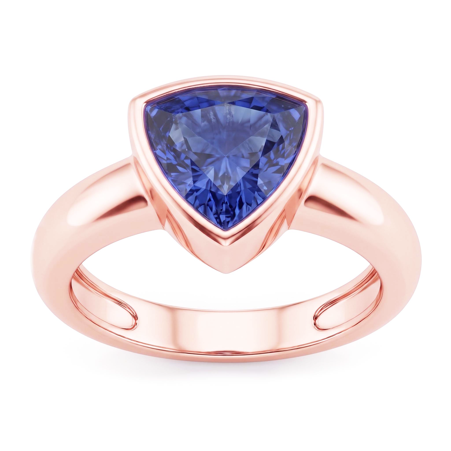 Rose Gold Solitaire Ring 2 Carats Blue Sapphire Bezel Set Trillion Cut