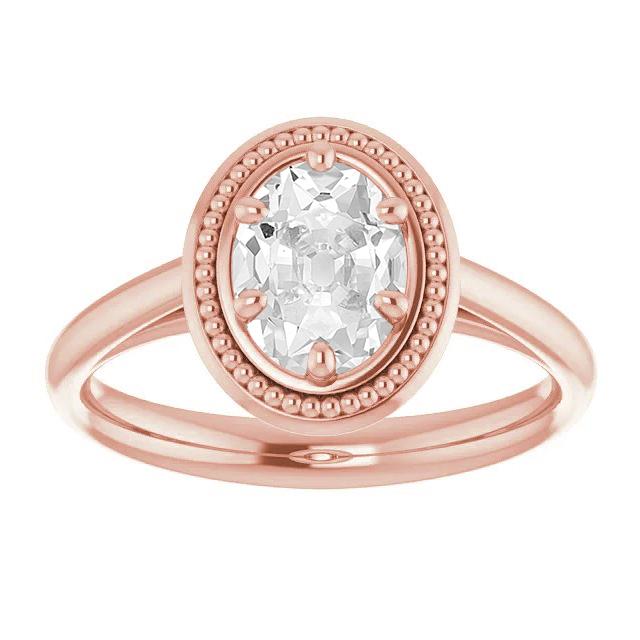 Rose Gold Solitaire Ring Oval Old Cut Real Diamond Beaded Style 4 Carats