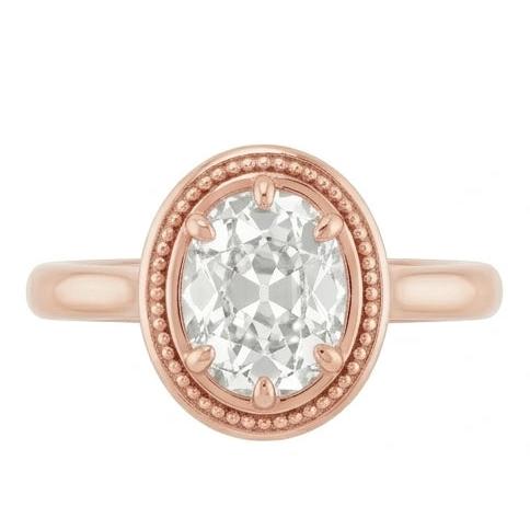 Rose Gold Solitaire Ring Oval Old Cut Real Natural Earth Mined Diamond Beaded Style 4 Carats