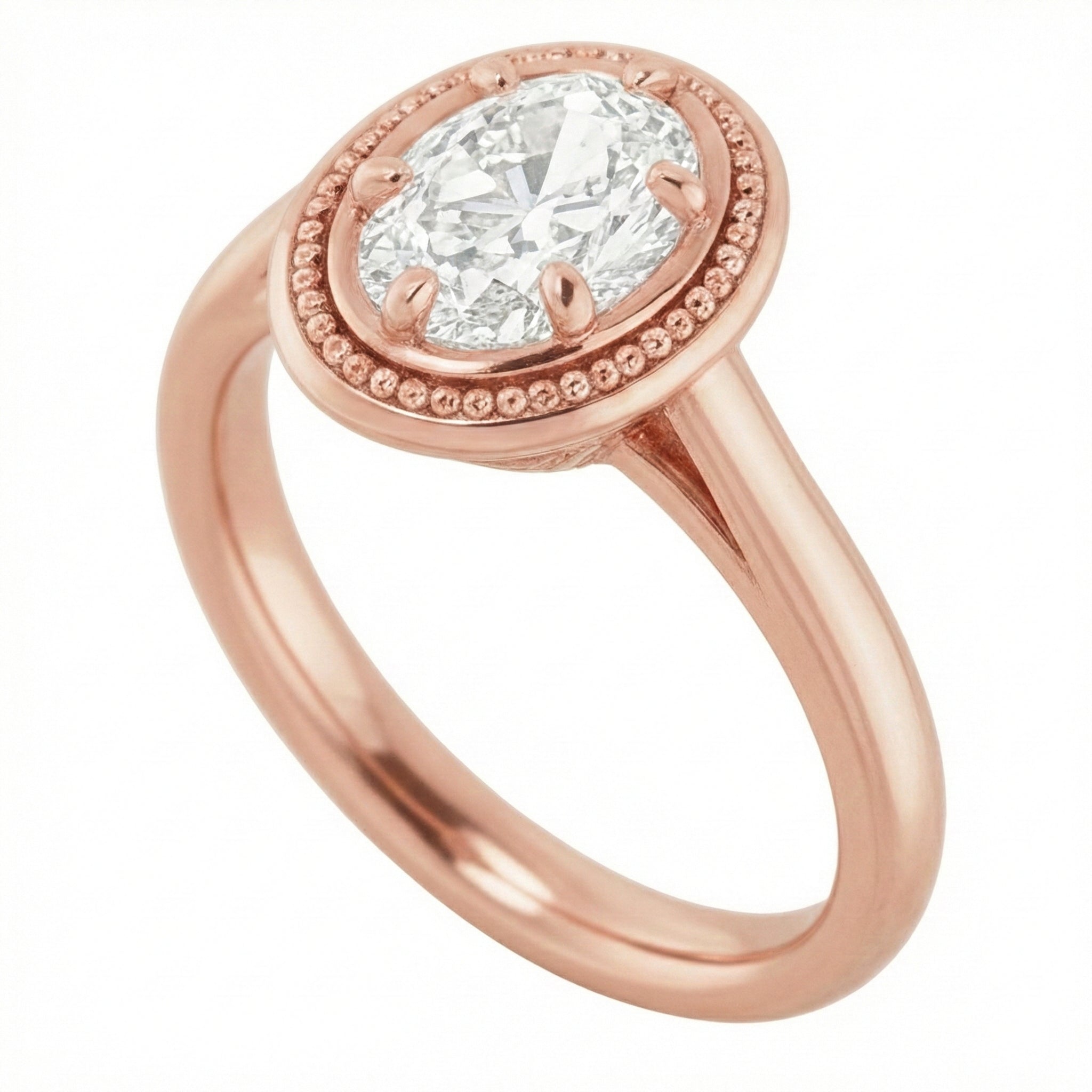 Rose Gold Solitaire Ring Oval Old Cut Real Natural Earth Mined Diamond Beaded Style 4 Carats