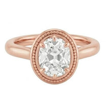 Rose Gold Solitaire Ring Oval Old Cut Real Natural Earth Mined Diamond Beaded Style 4 Carats