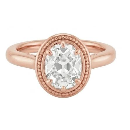 Rose Gold Solitaire Ring Oval Old Cut Real Natural Earth Mined Diamond Beaded Style 4 Carats
