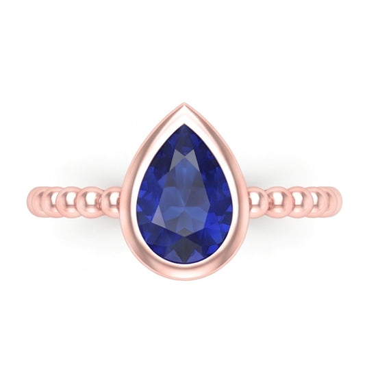 Rose Gold Solitaire Ring Pear Blue Sapphire 1.50 Carats Bezel Set