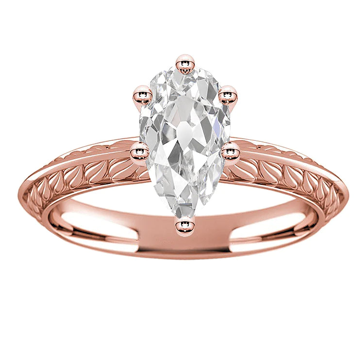 Rose Gold Solitaire Ring Pear Old Miner Natural Diamond 3.50 Carats Jewelry