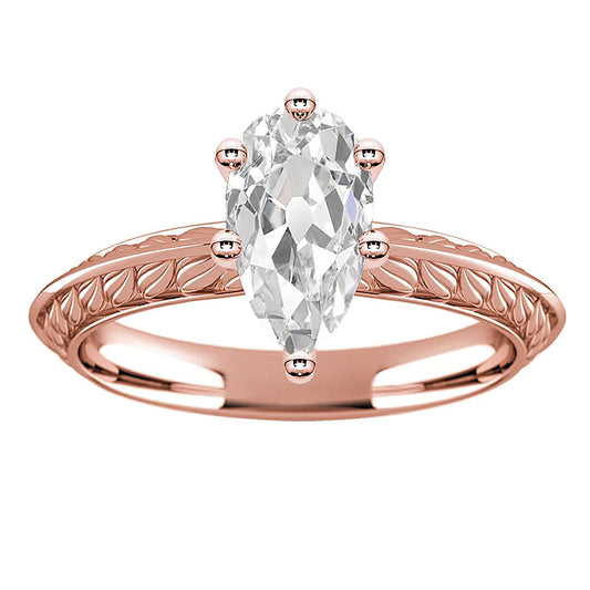 Rose Gold Solitaire Ring Pear Old Miner Natural Diamond 3.50 Carats Jewelry