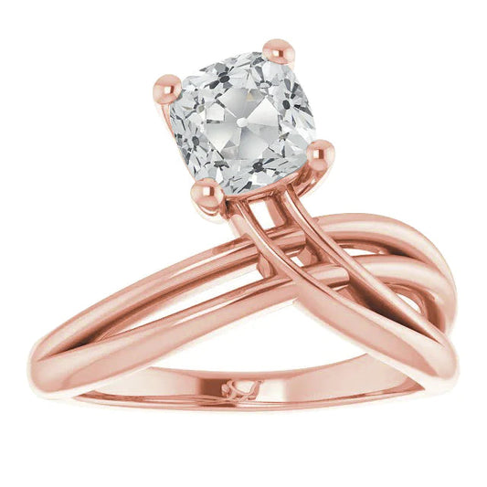 Rose Gold Solitaire Ring Real Old Cut Cushion Diamond Split Shank 5 Carats