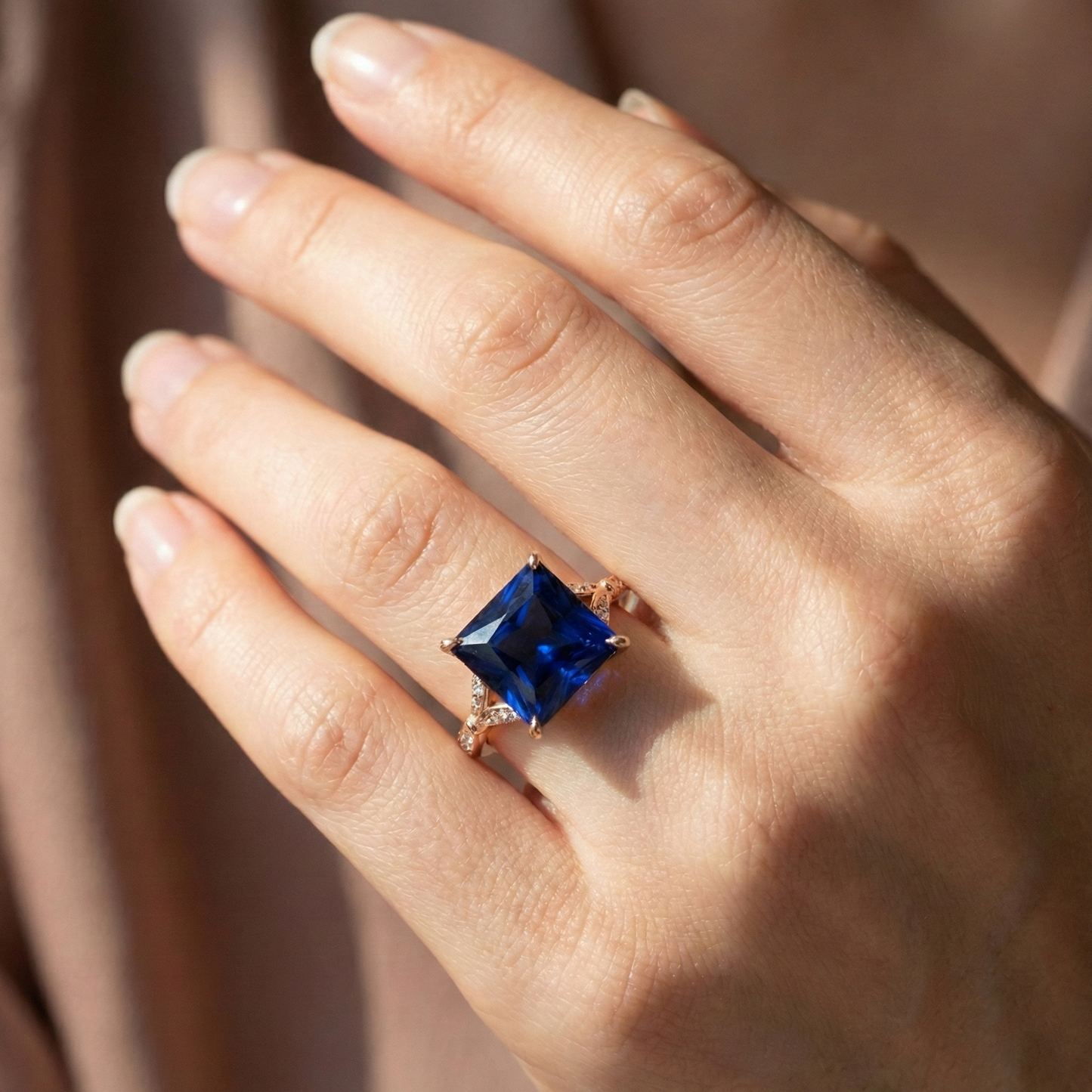 Rose Gold Ring With Accents Princess Cut Blue Sapphire 5.50 Carats