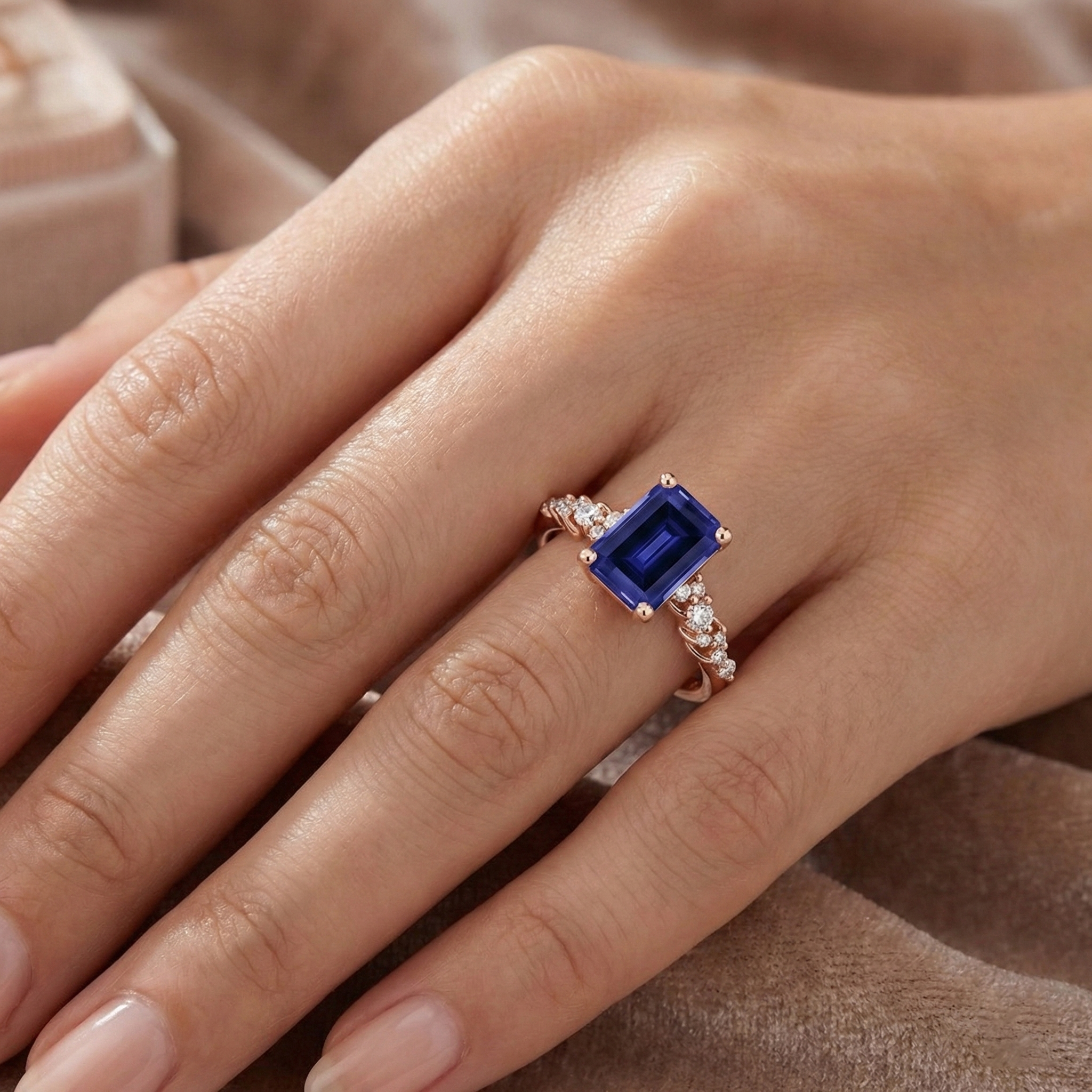 Rose Gold Solitaire Accents Ring Blue Sapphire & Natural Earth Mined Diamond 3.50 Carats