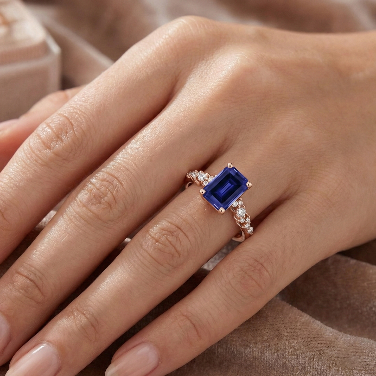 Rose Gold Solitaire Accents Ring Blue Sapphire & Natural Earth Mined Diamond 3.50 Carats