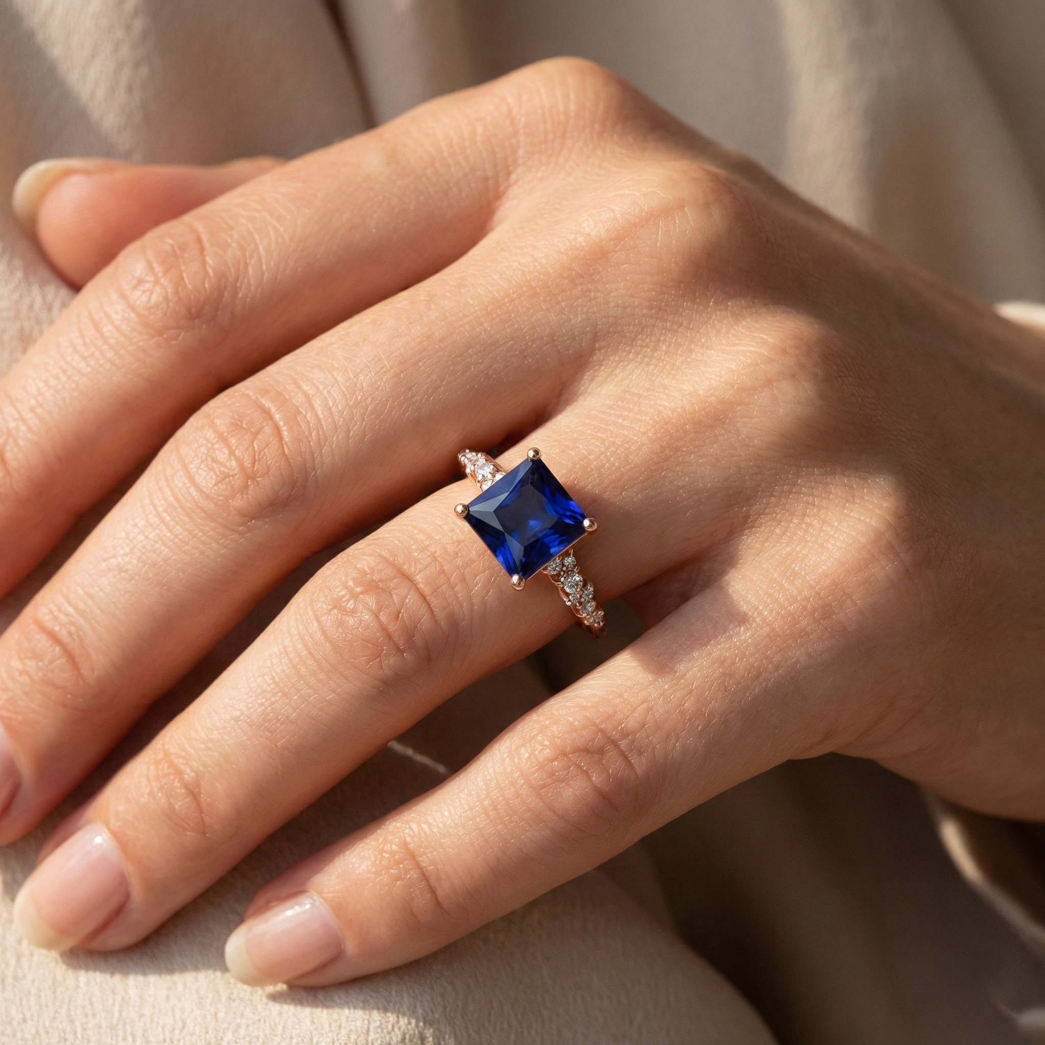 Rose Gold Women's Blue Sapphire Gemstone Ring With Accents 3.75 Carats