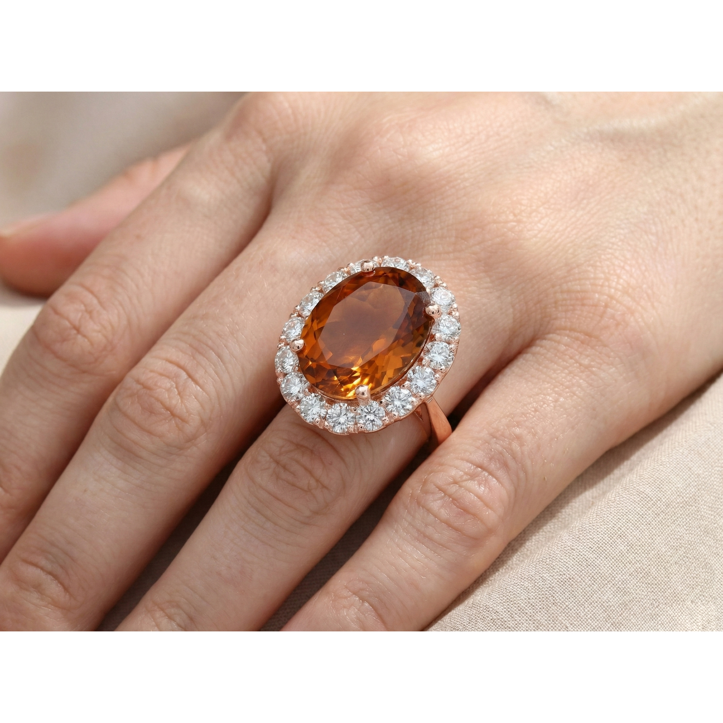 Rose Gold 14K Oval Cut Citrine And Natural Earth Mined Diamond Wedding Ring 27.50 Ct.