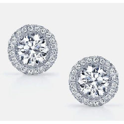 Round 4.40 Carats Halo Real Diamond Ladies Stud Earrings 14K Gold White