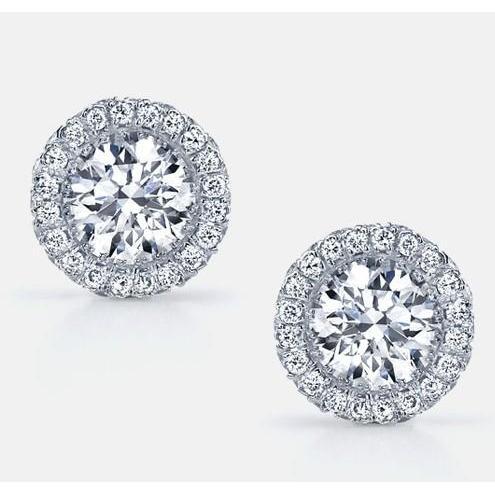 Round 4.40 Carats Halo Real Diamond Ladies Stud Earrings 14K Gold White