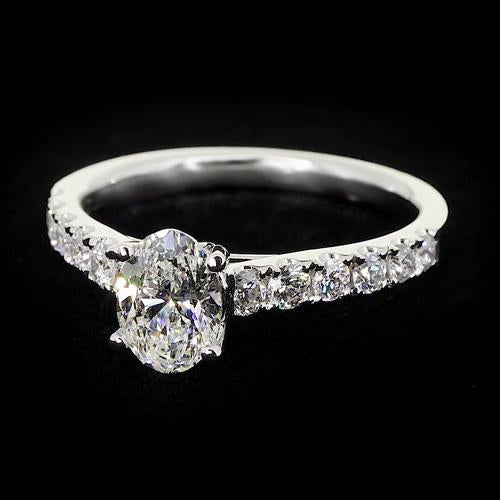 Round Accented 1.75 Carats Prong Setting Real Oval Diamond Ring White Gold Jewelry