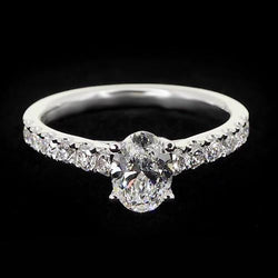 Round Accented 1.75 Carats Prong Setting Real Oval Diamond Ring White Gold Jewelry