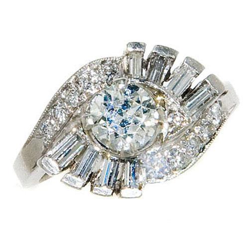 Round And Baguette Vintage Style Diamond Engagement Ring 2.30 Carats