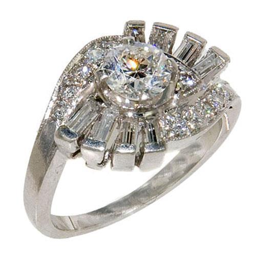 Round And Baguette Vintage Style Real Natural Earth Mined Diamond Engagement Ring 2.30 Carats