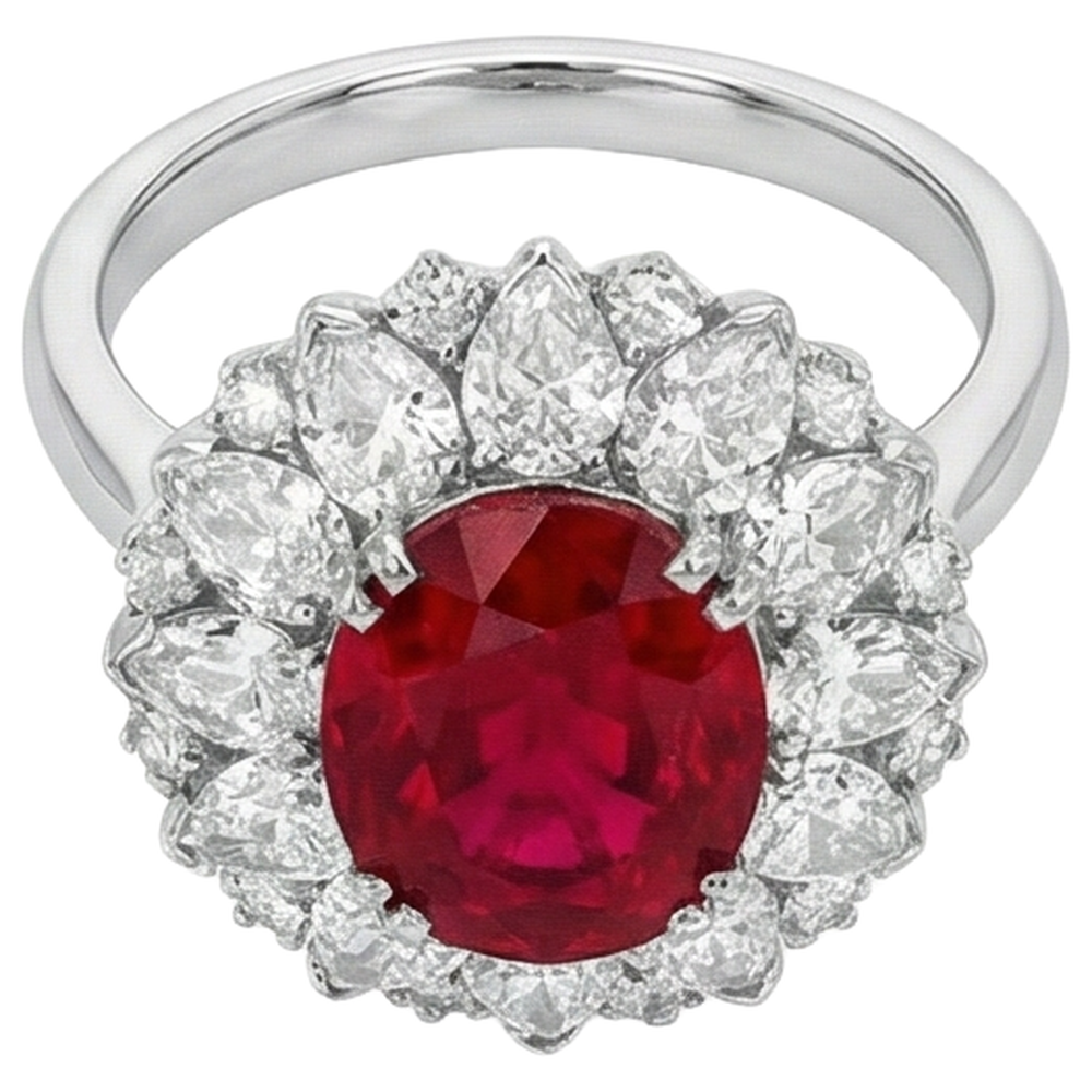 Round And Pear Cut Natural Earth Mined Diamonds With Ruby Ring 17.75 Ct White Gold 14K