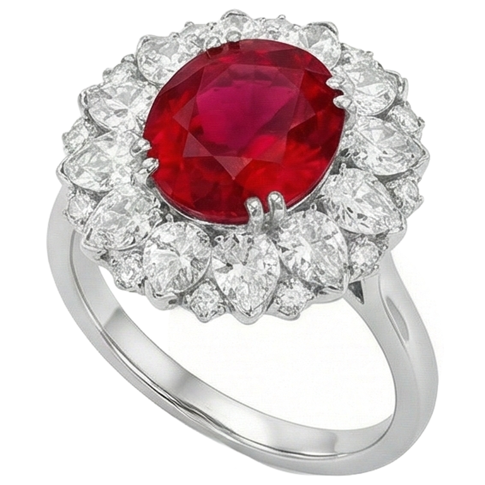 Round And Pear Cut Natural Earth Mined Diamonds With Ruby Ring 17.75 Ct White Gold 14K