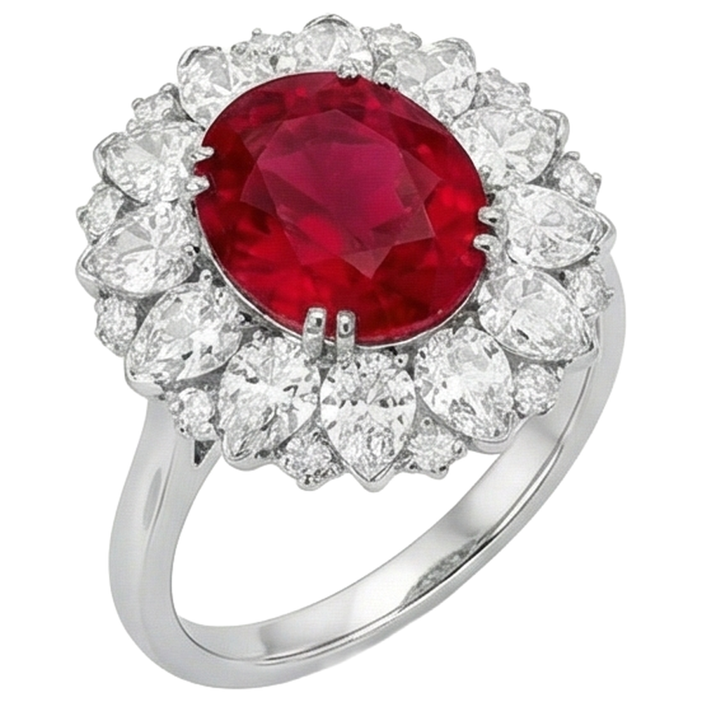 Round And Pear Cut Natural Earth Mined Diamonds With Ruby Ring 17.75 Ct White Gold 14K
