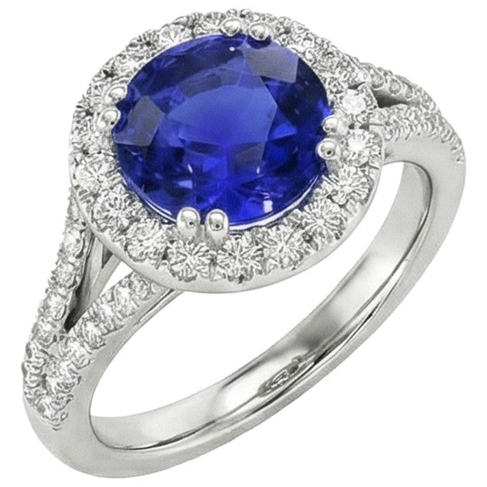 Round Blue Sapphire & Halo Natural Earth Mined Diamond Engagement Ring 10 Carats New
