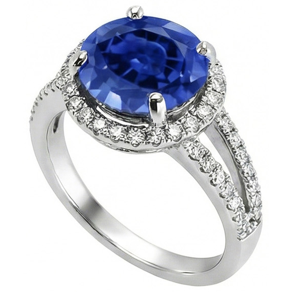 Round Brilliant Cut & Sri Lanka Sapphire 4.15 Ct. Natural Earth Mined DIAMOND ( NOT LAB GROWN ) Ring WG 14K