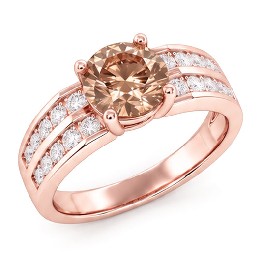 Round Brown Champagne Natural Earth Mined DIAMOND ( NOT LAB GROWN ) Gemstone Ring 2.5 Carat Rose Gold 14K